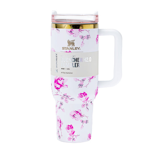 STANLEY LoveShackFancy Ribbon Rosa Quencher H2.0 FlowState 40oz tumbler with rose garden bow design, white finish.