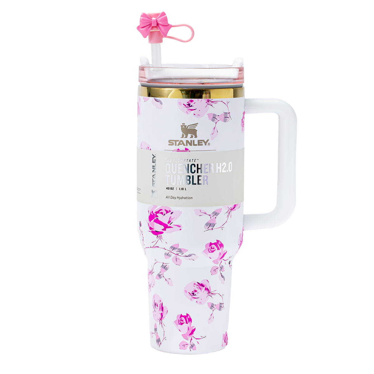 STANLEY LoveShackFancy Ribbon Rosa Quencher H2.0 FlowState 40oz tumbler with rose garden bow design and white finish.