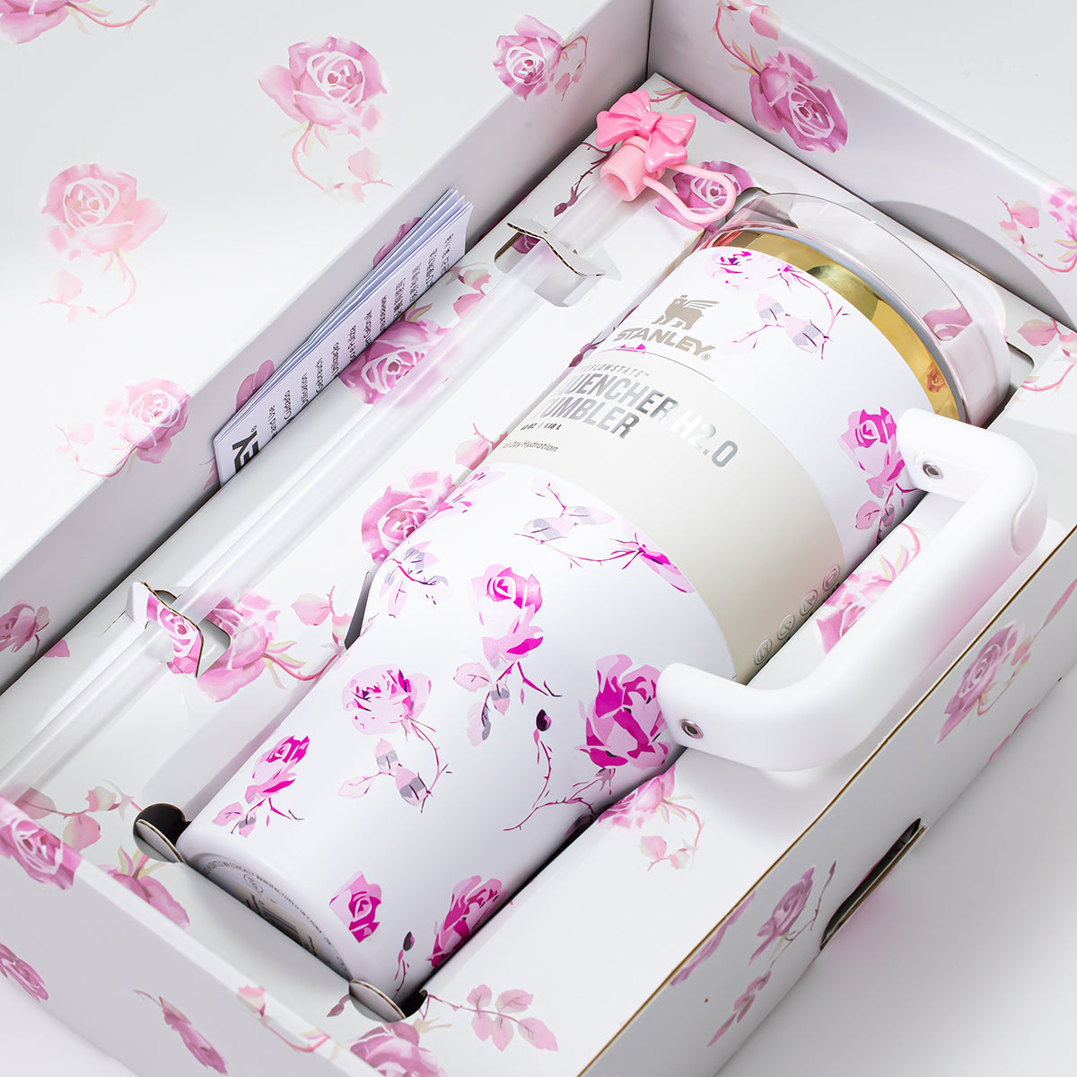 Stanley x LoveShackFancy Ribbon Rosa 40oz FlowState tumbler with rose garden bow design, white stainless steel, limited edition.
