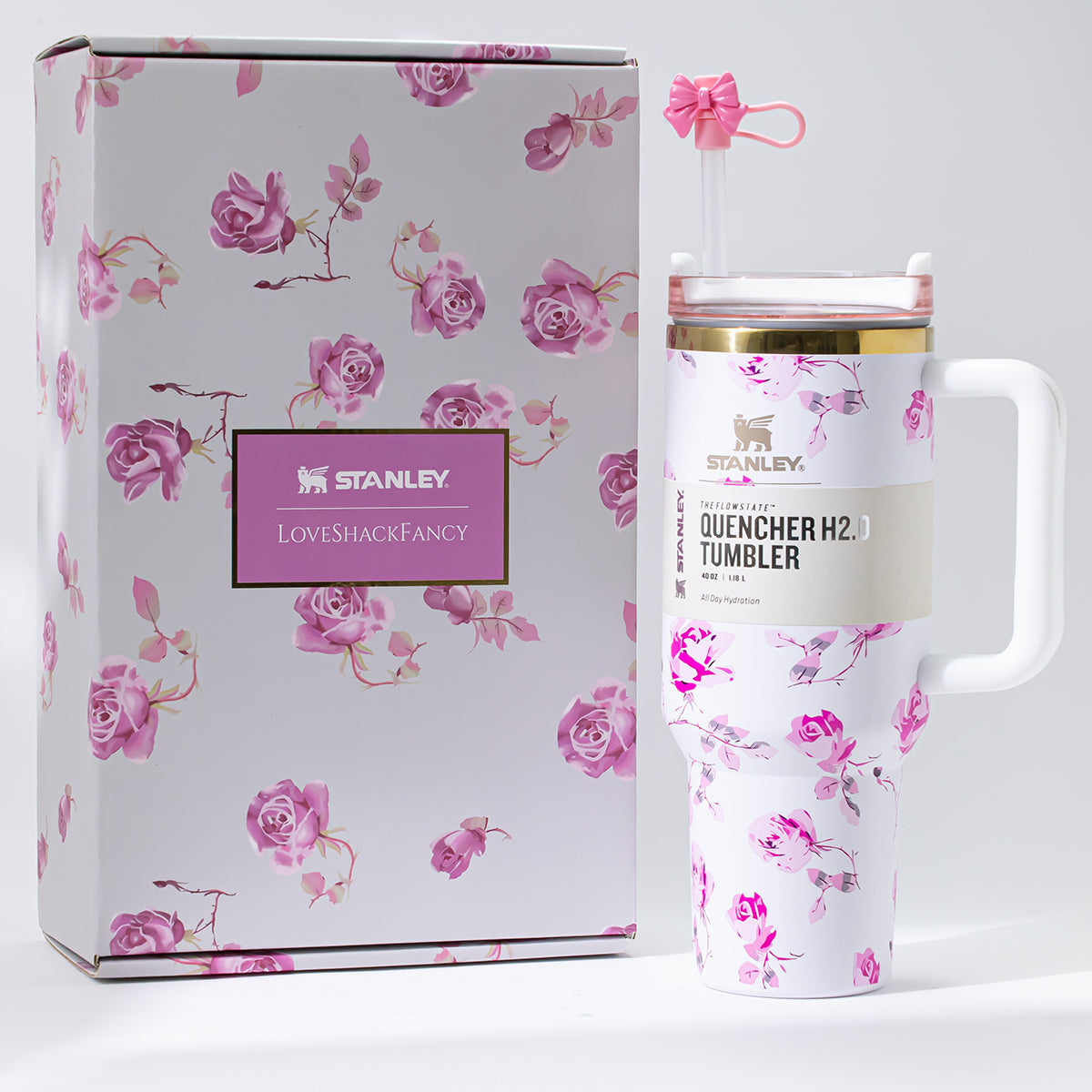 STANLEY LoveShackFancy Ribbon Rosa 40oz FlowState Tumbler with rose garden bow, white limited edition tumbler for beverages