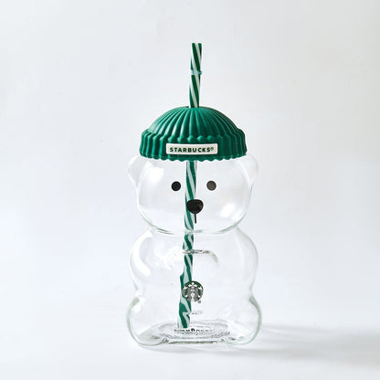 Starbucks Bearista™ Glass Bear Cup 591ml / 20oz – Bear-Shaped Reusable Cup with Beanie Lid & Striped Straw