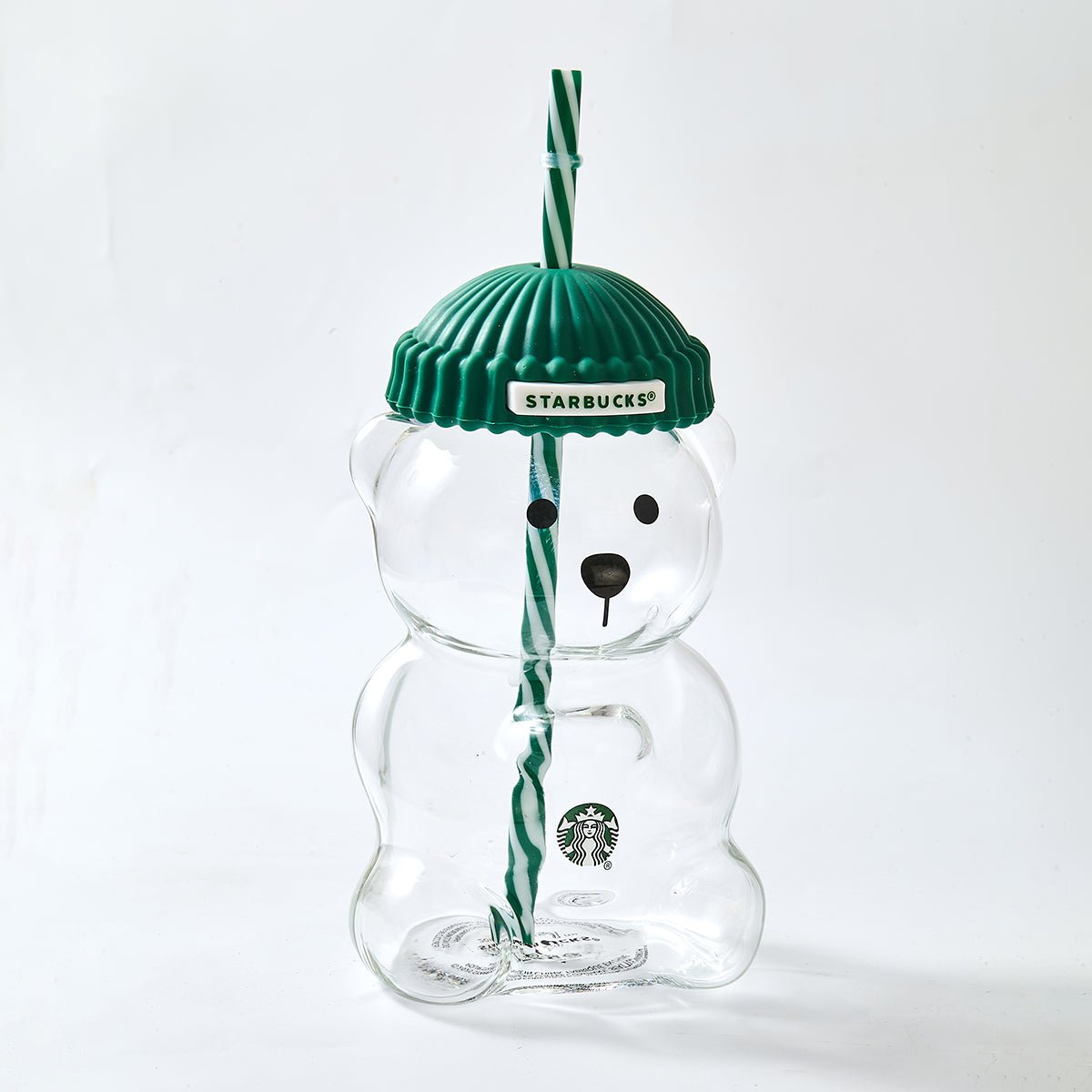 Starbucks Bearista™ Glass Bear Cup 591ml / 20oz – Bear-Shaped Reusable Cup with Beanie Lid & Striped Straw