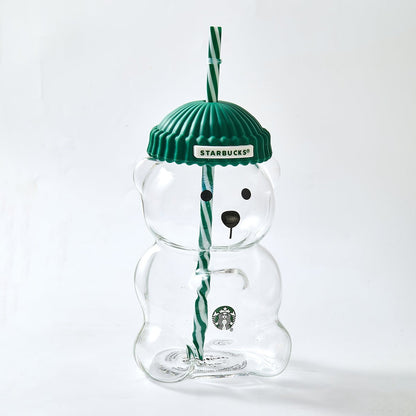 Starbucks Bearista™ Glass Bear Cup 591ml / 20oz – Bear-Shaped Reusable Cup with Beanie Lid & Striped Straw