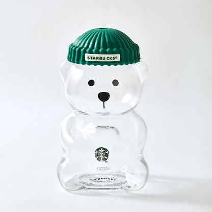 Starbucks Bearista™ Glass Bear Cup 591ml / 20oz – Bear-Shaped Reusable Cup with Beanie Lid & Striped Straw
