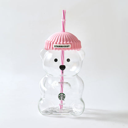 Starbucks Bearista™ Glass Bear Cup 591ml / 20oz – Bear-Shaped Reusable Cup with Beanie Lid & Striped Straw