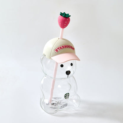 Starbucks Strawberry Bearista™ Glass Cup 591ml / 20oz – Bear-Shaped Tumbler with Strawberry Straw Topper