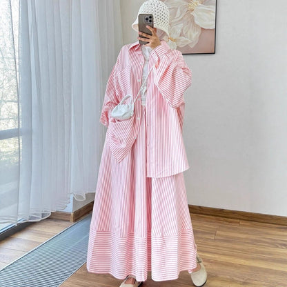 Striped Oversized Shirt & Maxi Skirt Set (MS374)