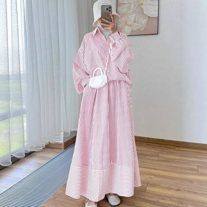 Striped Oversized Shirt & Maxi Skirt Set (MS374)