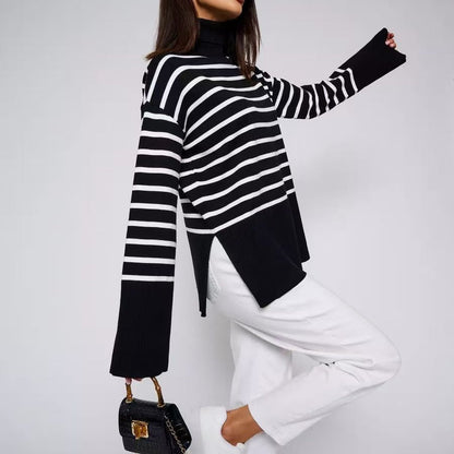 Striped Turtleneck Sweater | Oversized Colorblock Pullover(MS252)