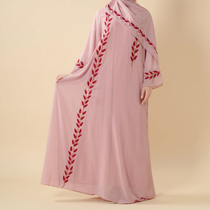 Summer Floral Embroidered Elegant Crew Neck Long Sleeve Chiffon Abaya Dress with Matching Headscarf (MA230)