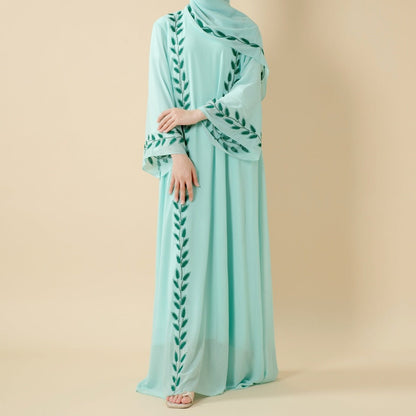 Summer Floral Embroidered Elegant Crew Neck Long Sleeve Chiffon Abaya Dress with Matching Headscarf (MA230)