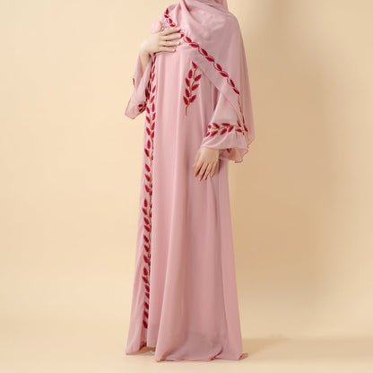Summer Floral Embroidered Elegant Crew Neck Long Sleeve Chiffon Abaya Dress with Matching Headscarf (MA230)