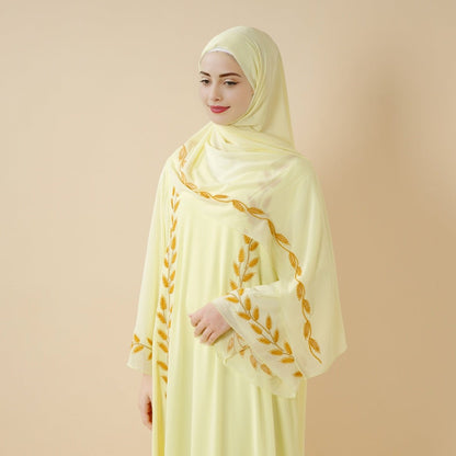Summer Floral Embroidered Elegant Crew Neck Long Sleeve Chiffon Abaya Dress with Matching Headscarf (MA230)