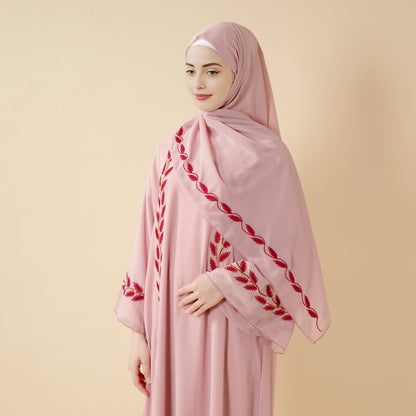Summer Floral Embroidered Elegant Crew Neck Long Sleeve Chiffon Abaya Dress with Matching Headscarf (MA230)