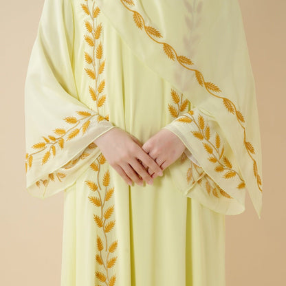 Summer Floral Embroidered Elegant Crew Neck Long Sleeve Chiffon Abaya Dress with Matching Headscarf (MA230)