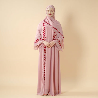 Summer Floral Embroidered Elegant Crew Neck Long Sleeve Chiffon Abaya Dress with Matching Headscarf (MA230)