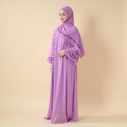 Summer Floral Embroidered Elegant Crew Neck Long Sleeve Chiffon Abaya Dress with Matching Headscarf (MA230)