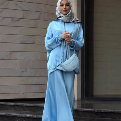 New Summer Satin Long Sleeve Dress | Modest Fashion Waist Drop Long Dress Set (MS079)