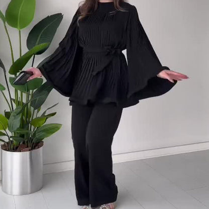 Summer Pleated Design Breathable Loose Pants Two-Piece Set (MS083)