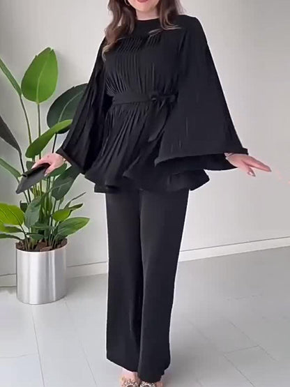Summer Pleated Design Breathable Loose Pants Two-Piece Set (MS083)