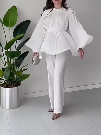 Summer Pleated Design Breathable Loose Pants Two-Piece Set (MS083)