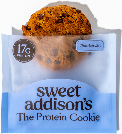 Four Sweet Addison's Protein Cookies with 17g each, showcasing their golden-brown, chewy texture and chocolate chips.