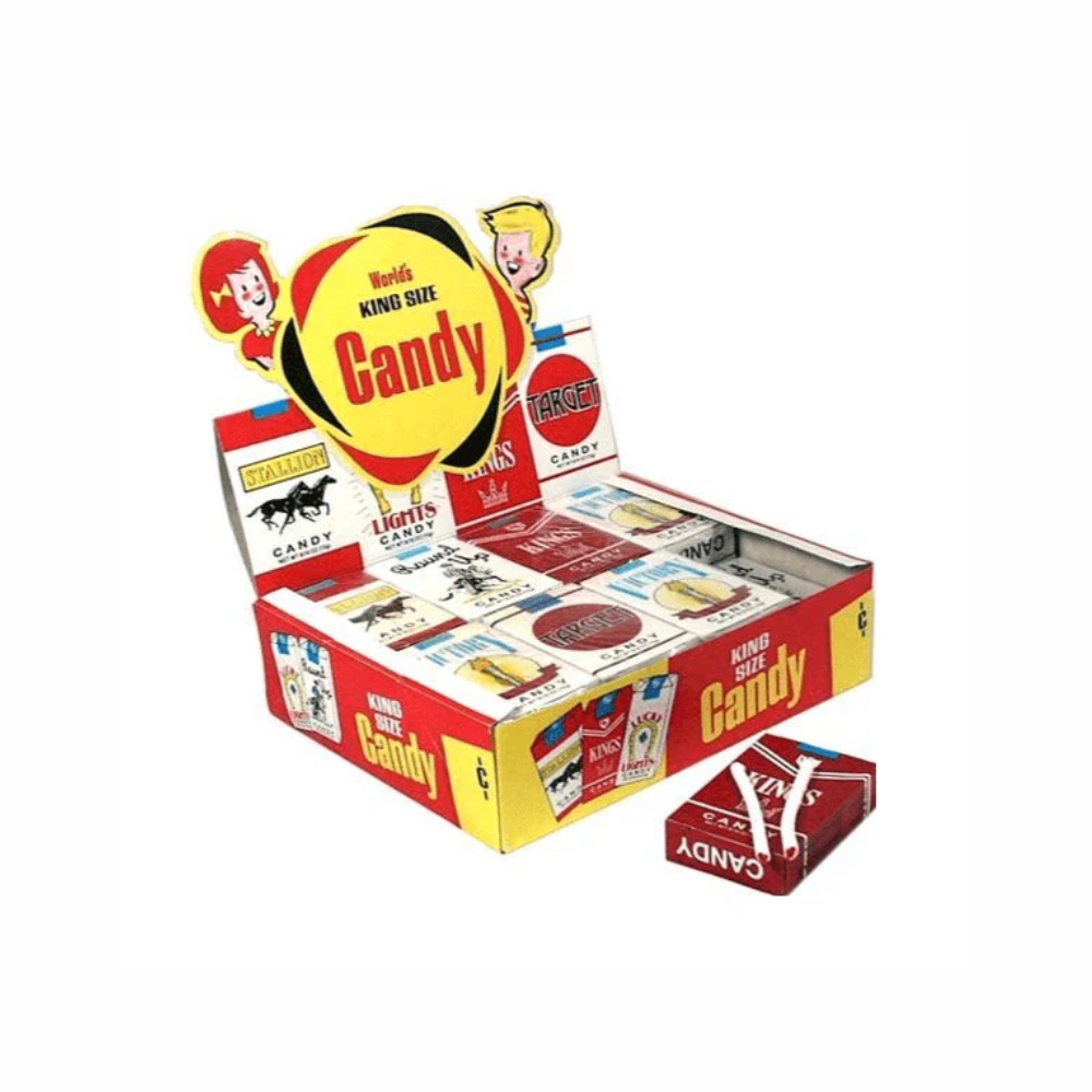 24-pack of Sweet Palace World's Candy Cigarettes featuring colorful candy sticks in a clear package.