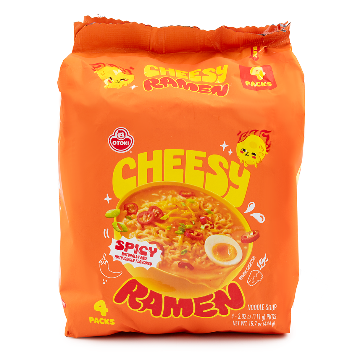 Otoki Stir Fry Cheesy Ramen by Sweet Palace, four-pack with spicy cheddar and mascarpone, served in a bowl with noodles and toppings.
