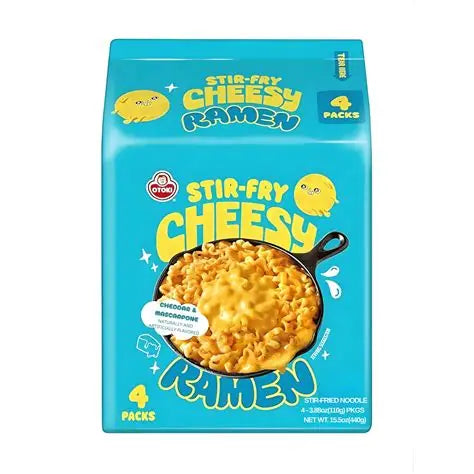Otoki Stir Fry Cheesy Ramen by Sweet Palace, spicy cheddar and mascarpone flavor in a 4-pack, served in a stir-fry style ramen dish.