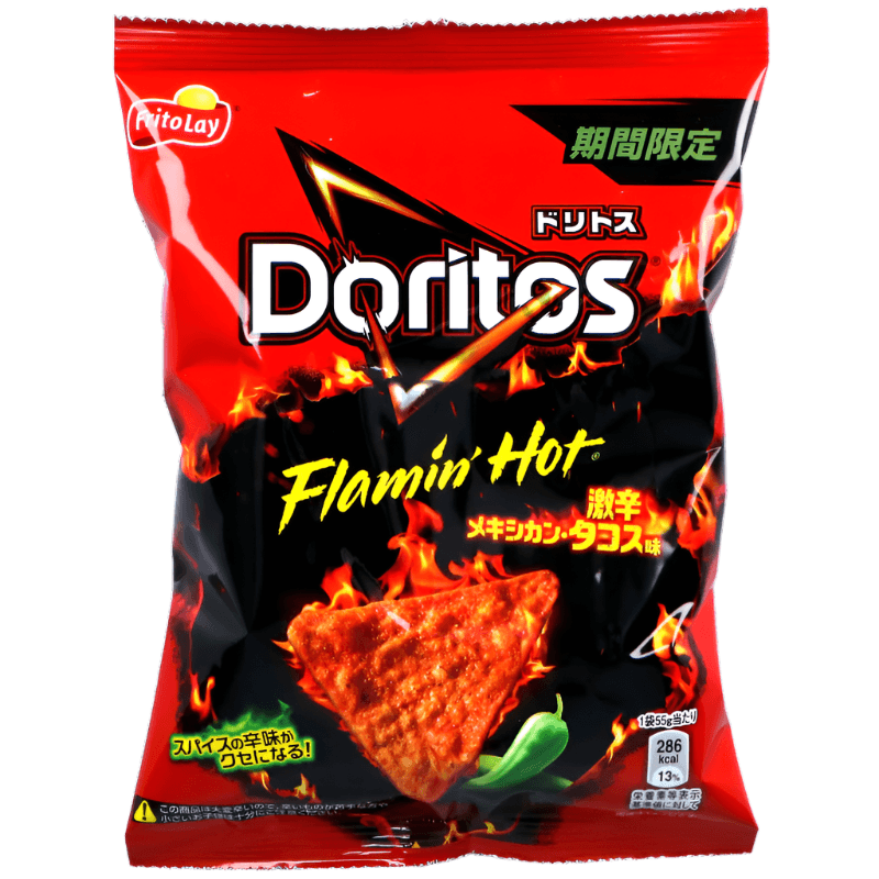 Imported Doritos Sweet Palace American Hot Wings flavor snack bag, crispy multicolored tortilla chips with spicy seasoning.