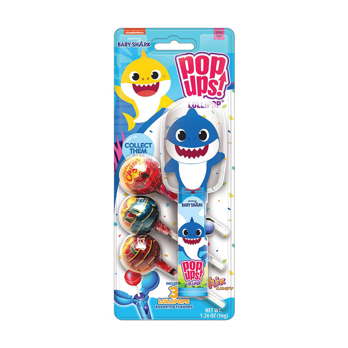Sweet Palace Baby Shark Pop Ups! Baby Shark themed snack packaging with colorful graphics and playful design.