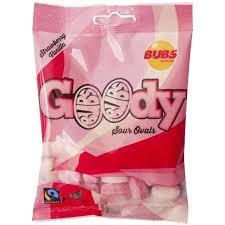 Sweet Palace Bubs Swedish Banana Toffee candy in bright yellow wrappers, showcasing the fruity banana flavor and chewy texture.