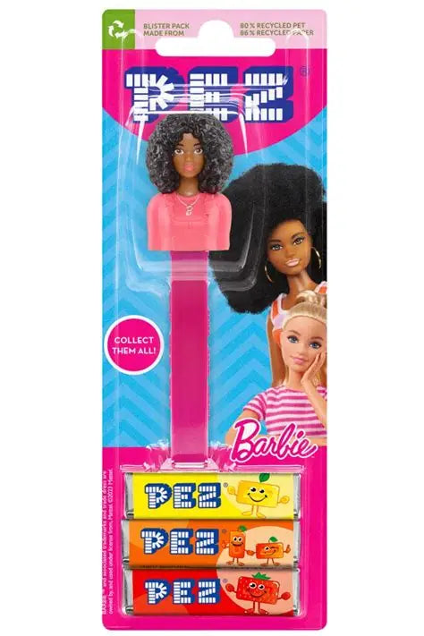 PEZ Barbie™ candy dispenser featuring Barbie with black hair, branded by Sweet Palace, collectible and fun for fans.