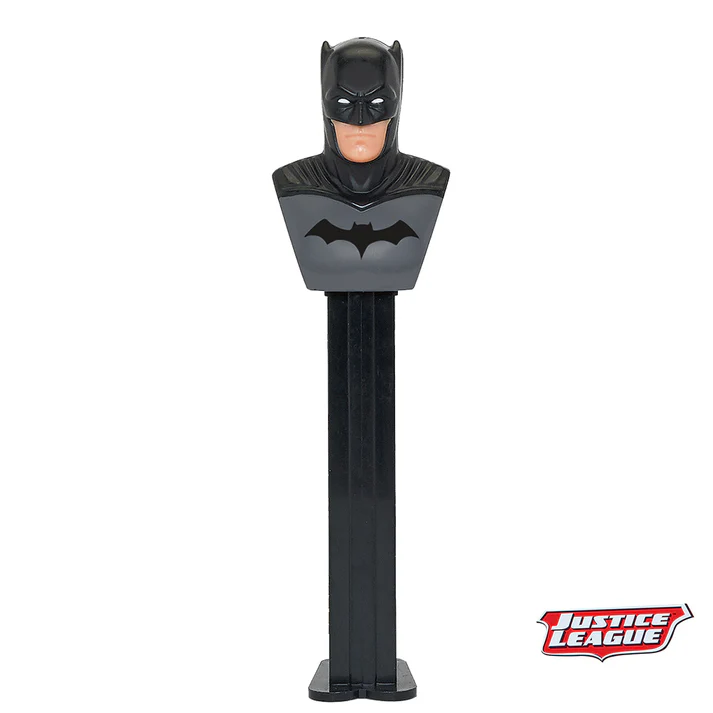 PEZ Justice League Batman candy dispenser by Sweet Palace, featuring Batman figure with Justice League branding.