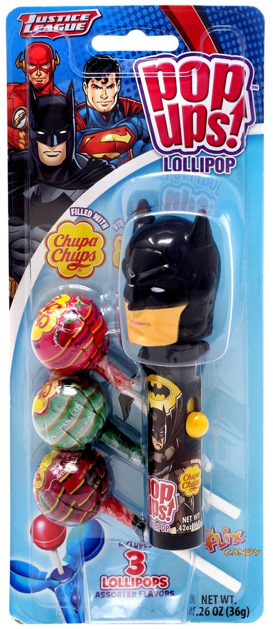 Batman Pop Ups from Justice League by Sweet Palace, featuring colorful cartoon-style Batman figure in packaging.