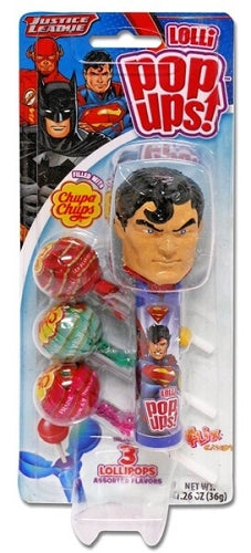 Justice League Pop Ups featuring Batman from Sweet Palace, colorful comic-style superhero decorations.