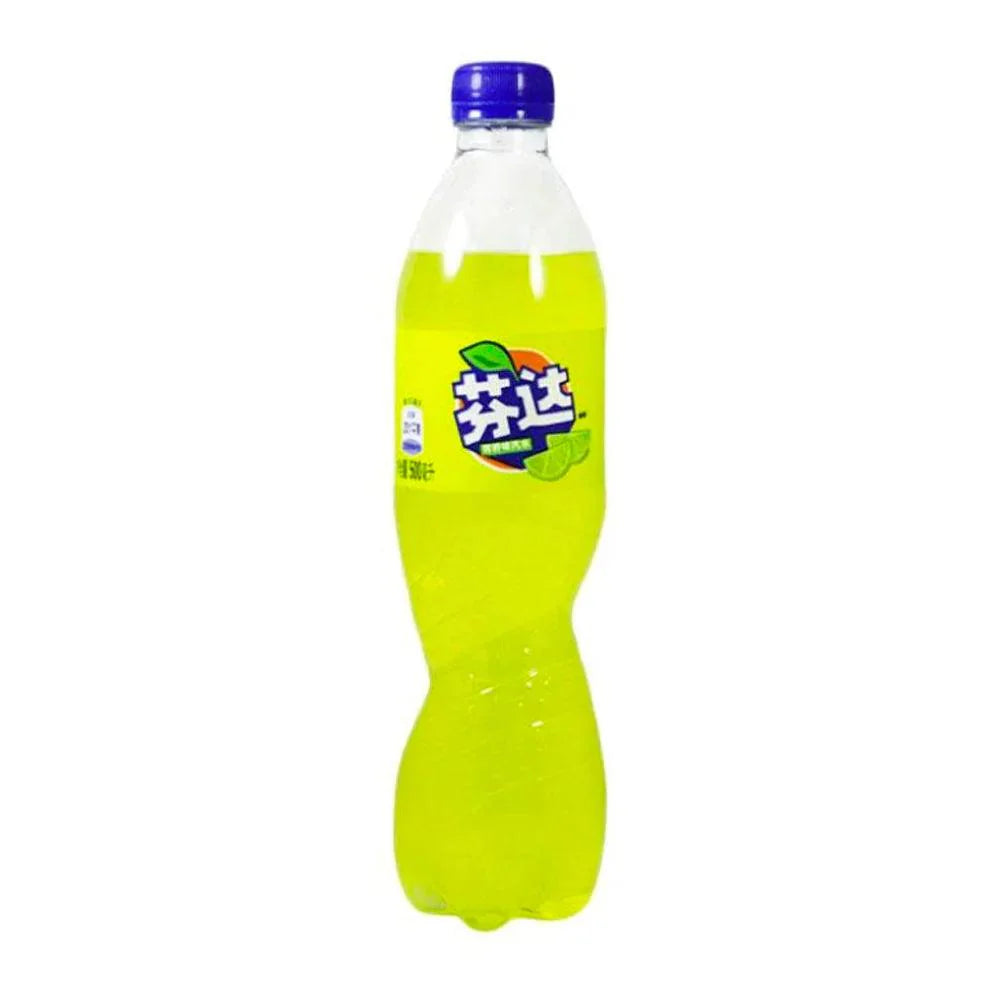 Fanta Lime beverage by Sweet Palace in a clear glass bottle with a vibrant lime-flavored soda inside.