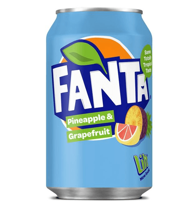 Fanta Pineapple & Grapefruit beverage by Sweet Palace, showing a colorful can with tropical fruit illustrations.
