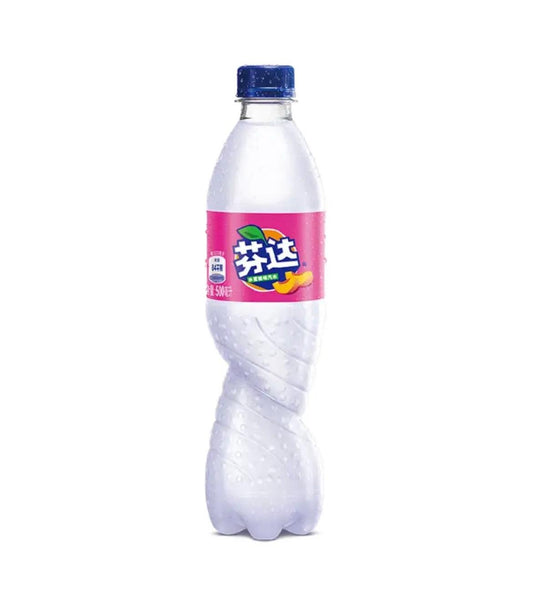 Full bottle of Sweet Palace Fanta White Peach beverage with vibrant peach-colored label and clear view of the drink inside.