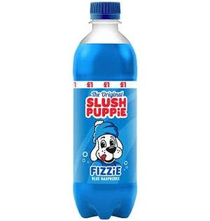 Blue raspberry Slush Puppie beverage by Sweet Palace in a clear cup with ice and vibrant blue raspberry syrup.