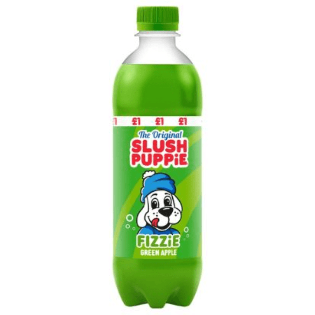 Sweet Palace Green Apple Slush Puppie beverage in a clear cup with a green apple flavor and colorful straw.