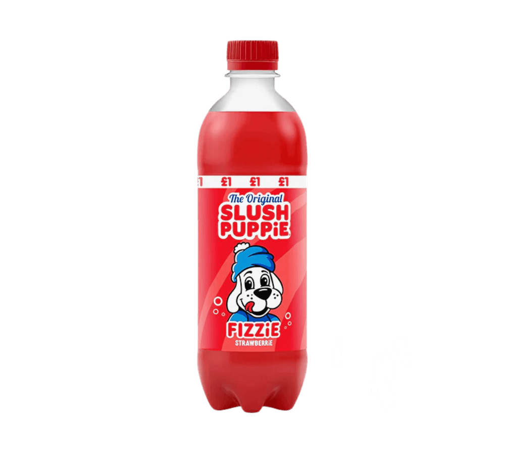 Sweet Palace Slush Puppie Strawberry beverage in a clear cup with bright red strawberry flavor liquid and a straw.