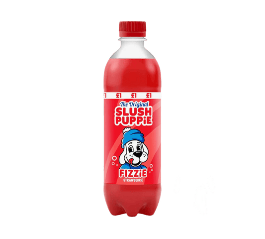 Sweet Palace Slush Puppie Strawberry beverage in a clear cup with a bright red strawberry flavor and icy texture.