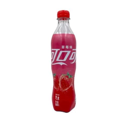 Sweet Palace Strawberry Coca-Cola beverage bottle with red label and strawberry imagery, chilled and ready to drink.