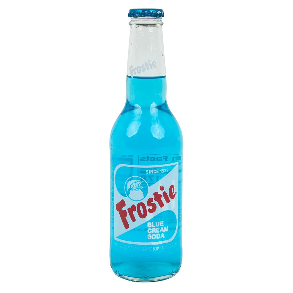Blue Frostie glass bottle from Sweet Palace with a cream-colored design, featuring a vintage-style shape and decorative details.