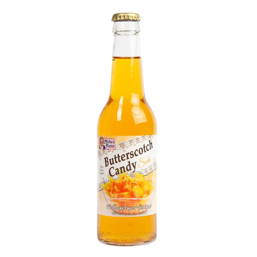 Sweet Palace Melba's Fixins Soda with butterscotch candy in a glass bottle, showcasing the colorful beverage and candy pieces inside.