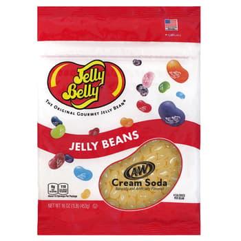 Sweet Palace Jelly Belly A&W Cream Soda candy in a clear bag, colorful candy pieces resembling soda flavor.