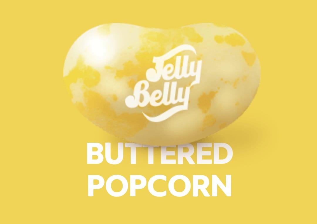 Sweet Palace Jelly Belly Buttered Popcorn candy in a clear bag, showing golden popcorn-flavored candies inside.
