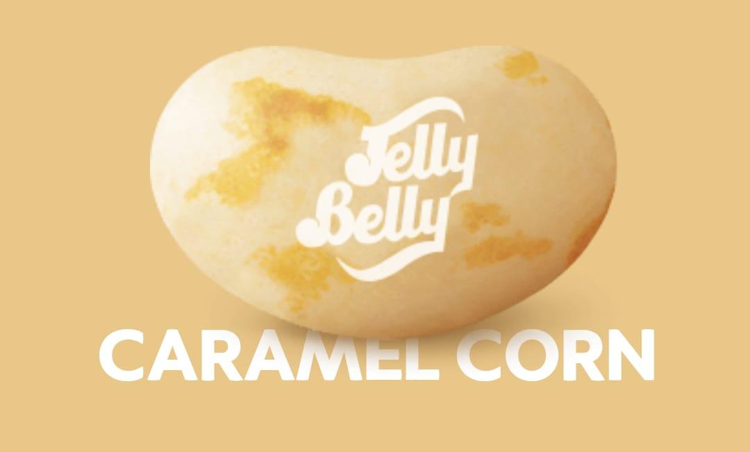 Sweet Palace Jelly Belly Caramel Corn candy in a clear bag, showing golden caramel-coated popcorn pieces.