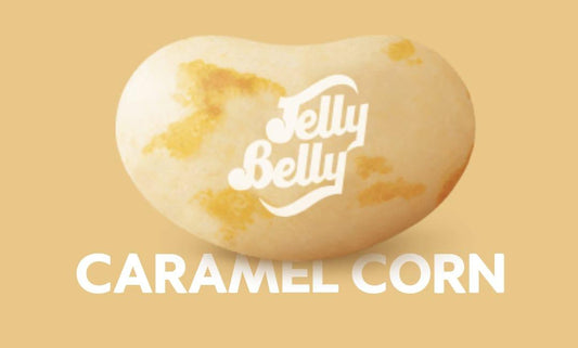 Jelly Belly Caramel Corn candy in a clear bag showcasing golden caramel-coated popcorn pieces from Sweet Palace
